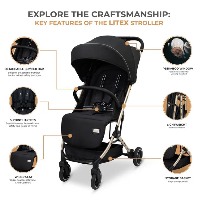 Neobreez Litex Compact Cabin Stroller Grey Black with Gold Frame