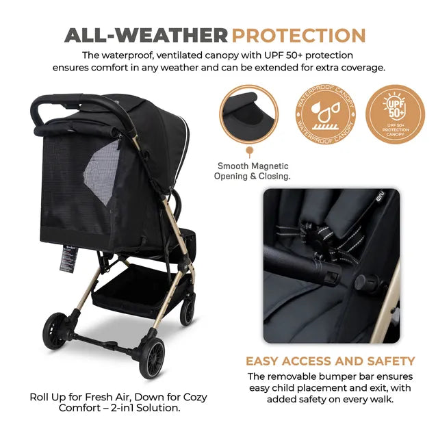 Neobreez Litex Compact Cabin Stroller Grey Black with Gold Frame