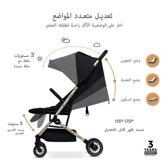 Neobreez Litex Compact Cabin Stroller Grey Black with Gold Frame