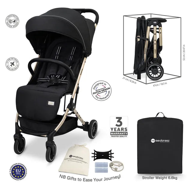 Neobreez Litex Compact Cabin Stroller Grey Black with Gold Frame