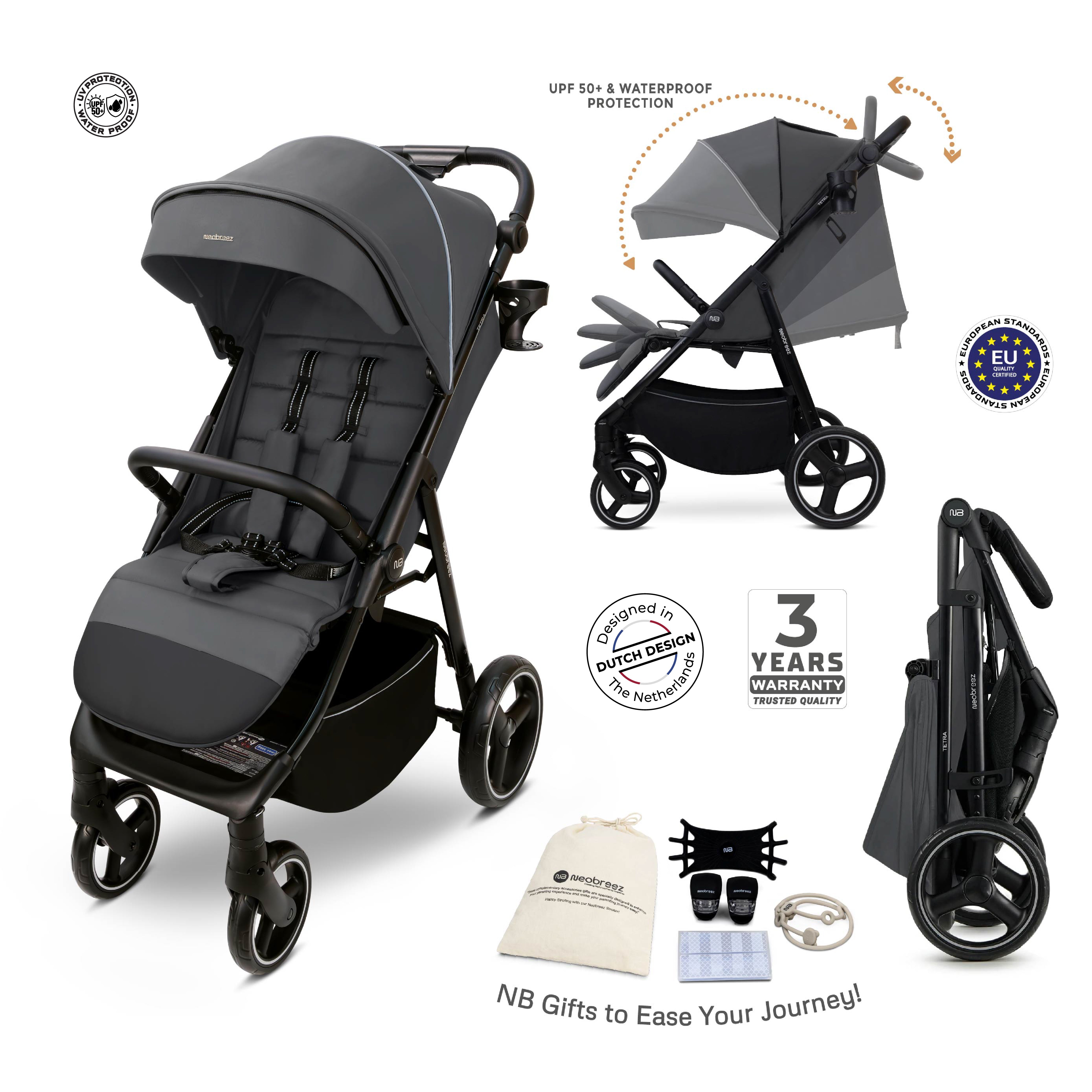 Neobreez Tetra Lightweight Pushchair Stroller With Cup Holder Grey