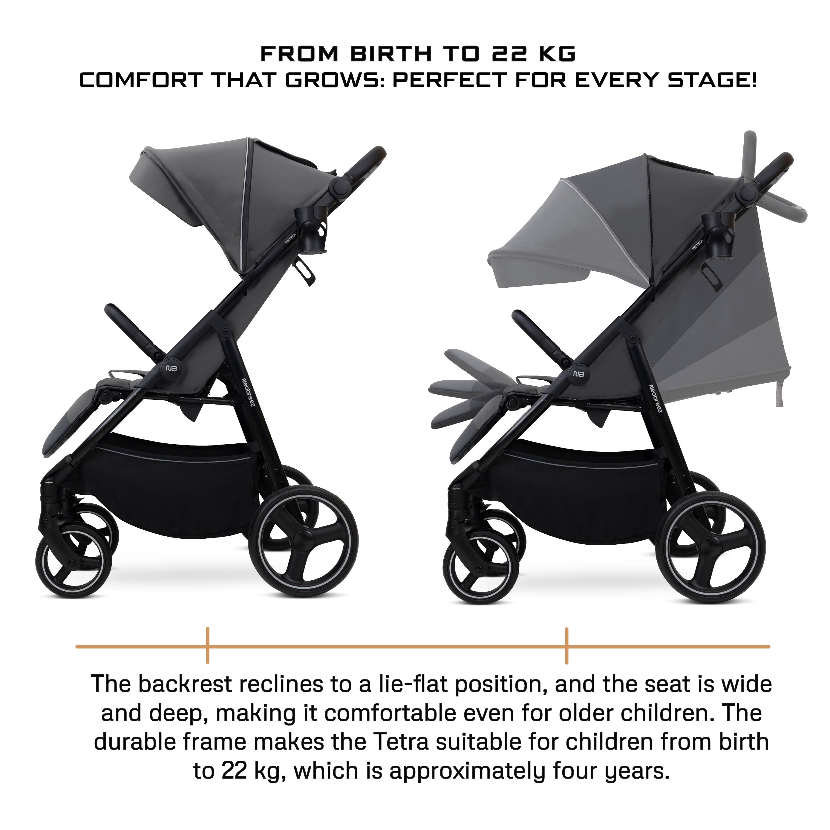 Neobreez Tetra Lightweight Pushchair Stroller With Cup Holder Grey