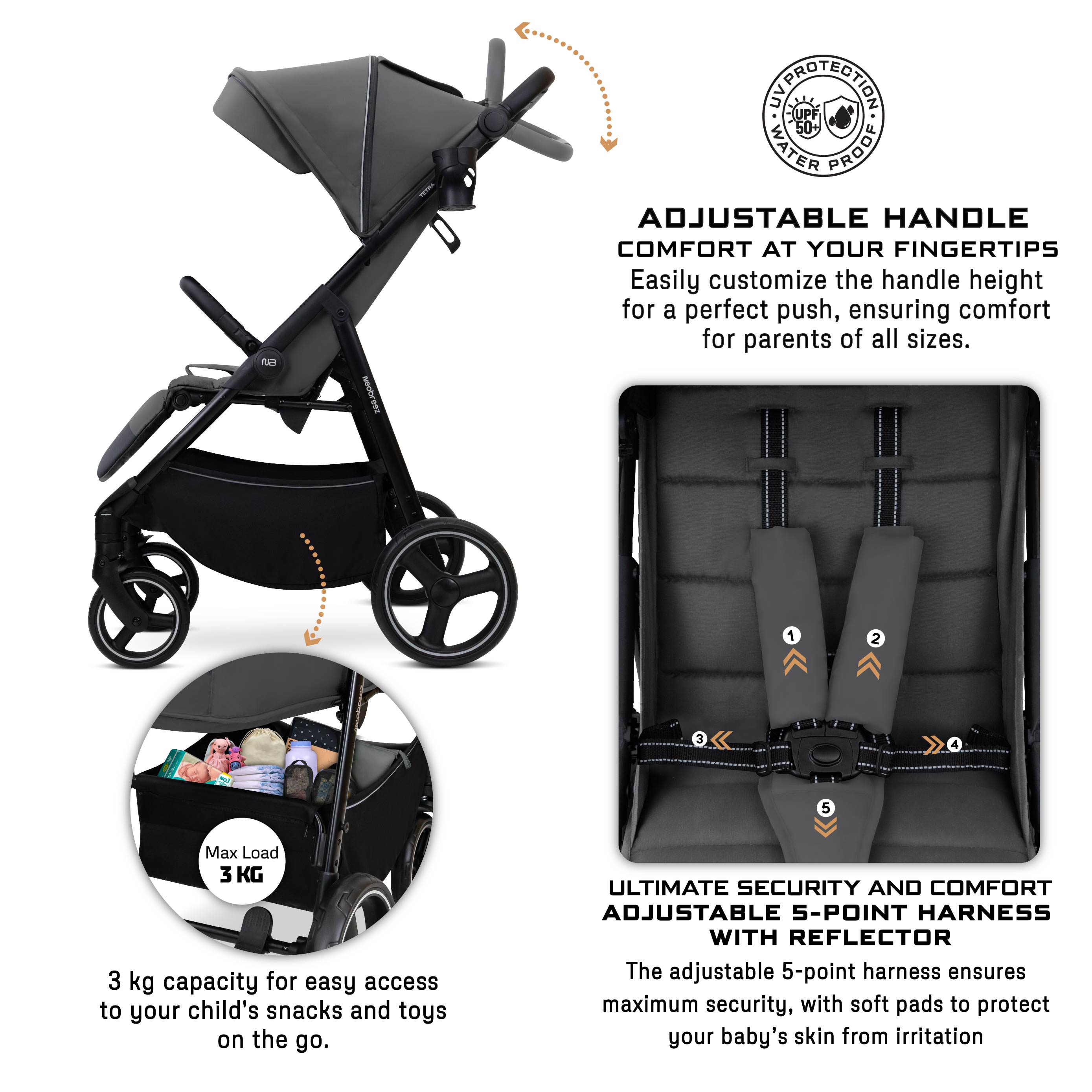 Neobreez Tetra Lightweight Pushchair Stroller With Cup Holder Grey