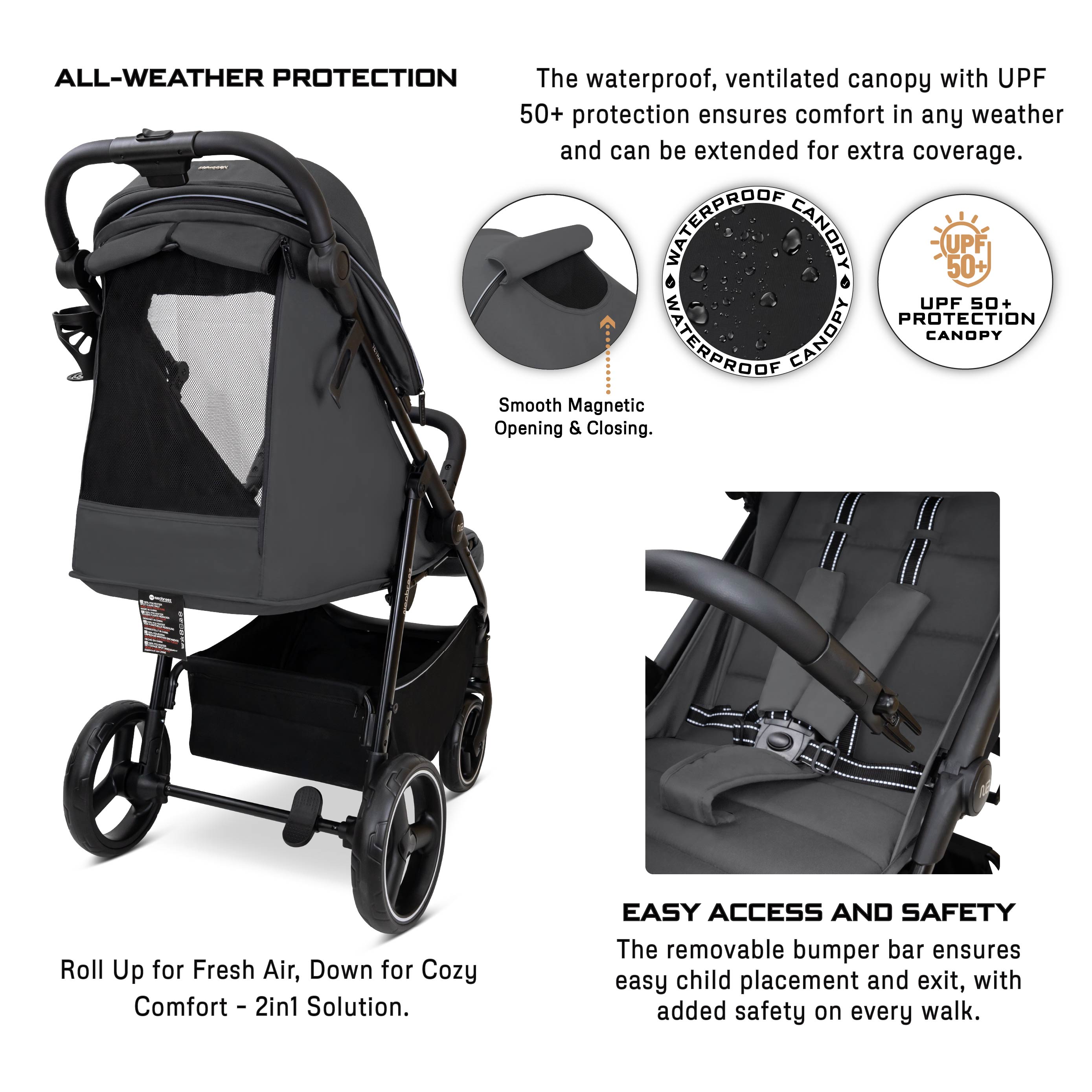Neobreez Tetra Lightweight Pushchair Stroller With Cup Holder Grey