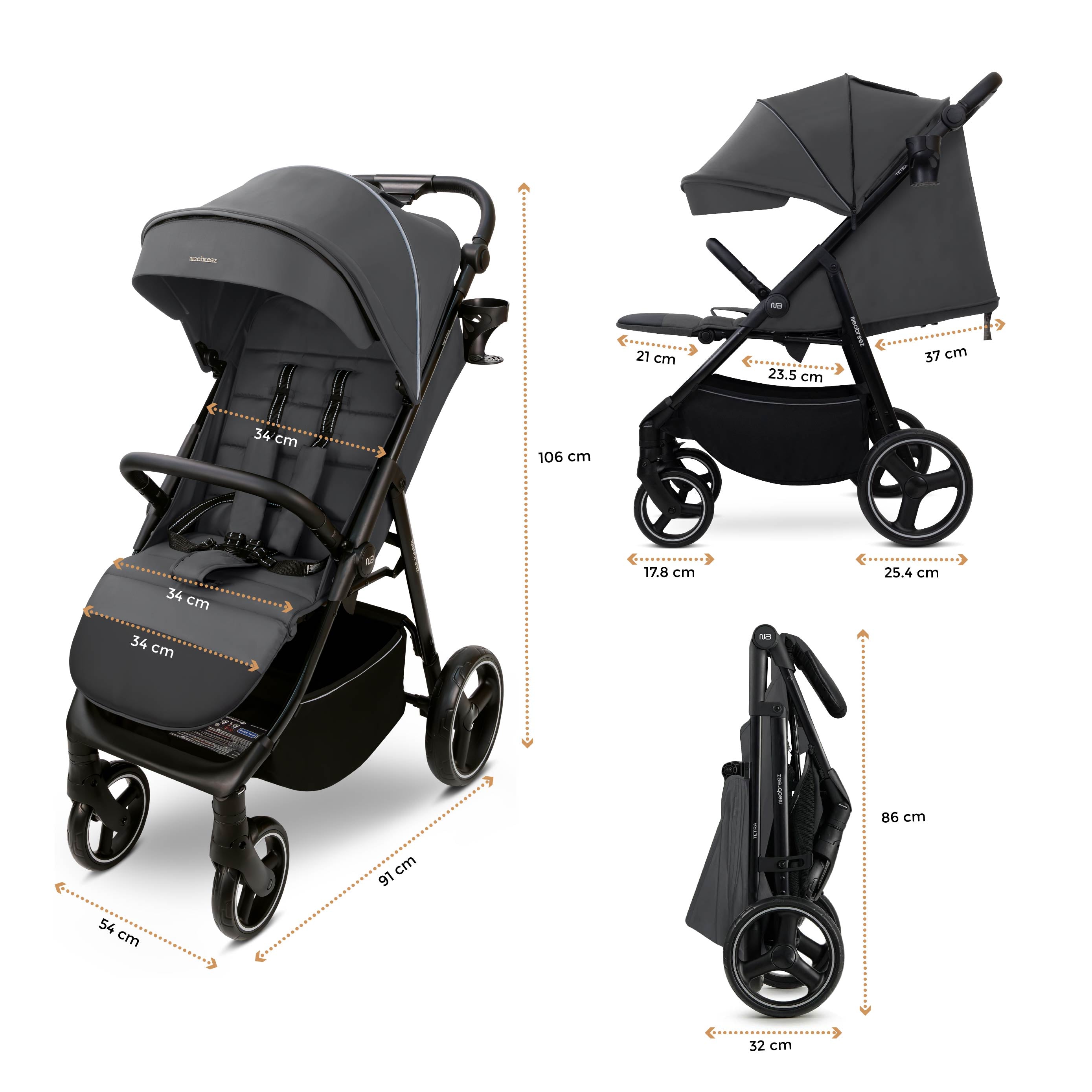 Neobreez Tetra Lightweight Pushchair Stroller With Cup Holder Grey