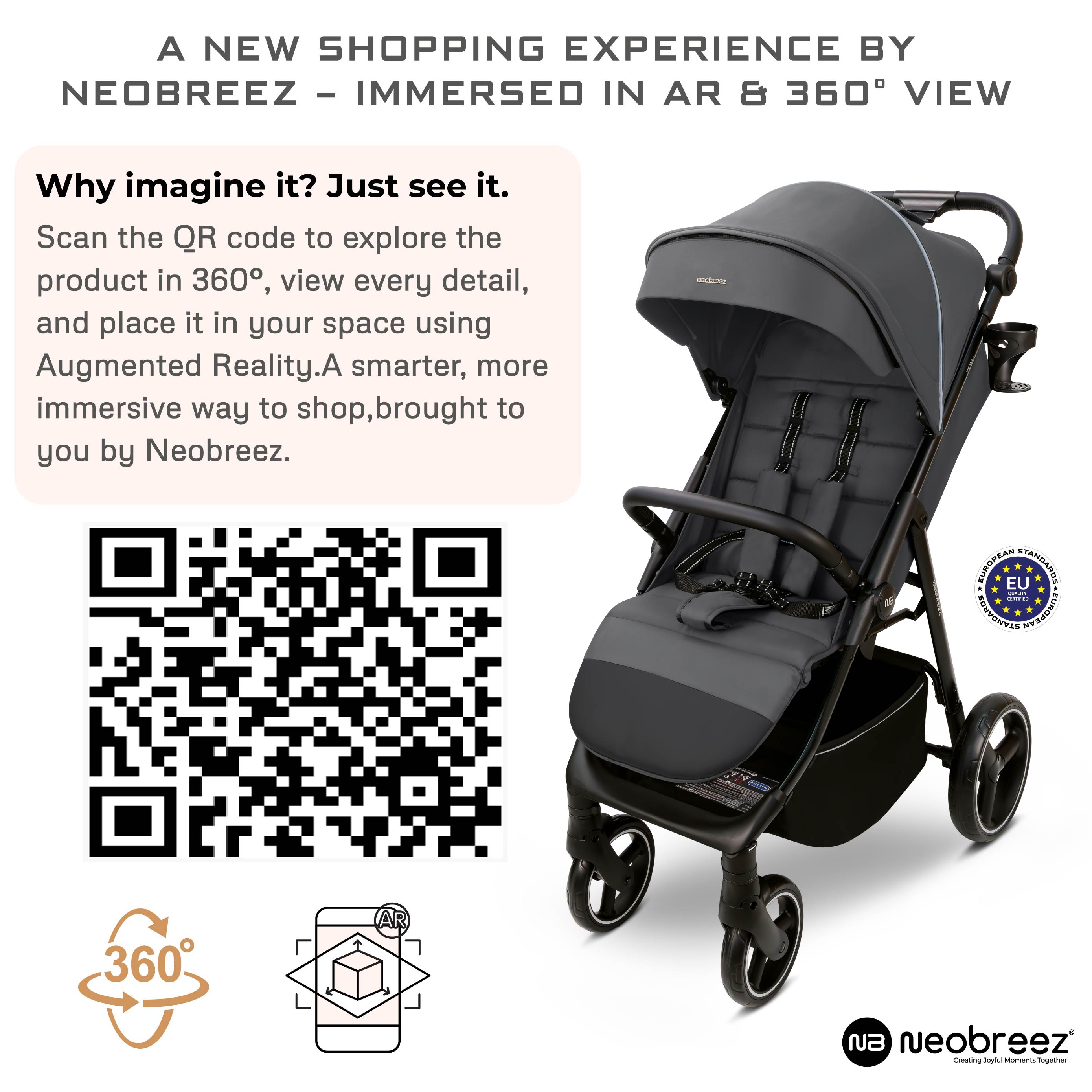 Neobreez Tetra Lightweight Pushchair Stroller With Cup Holder Grey