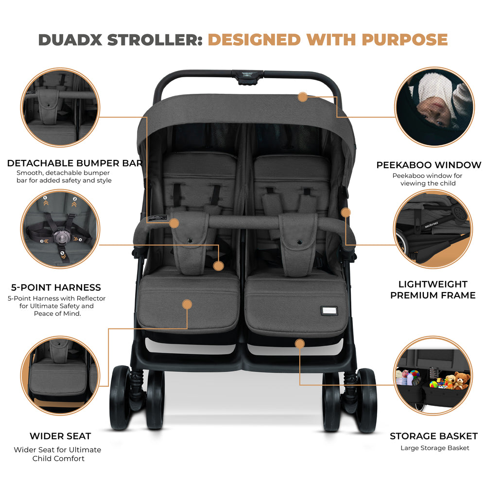 Neobreez Duadx Double Compact Twin Stroller Grey