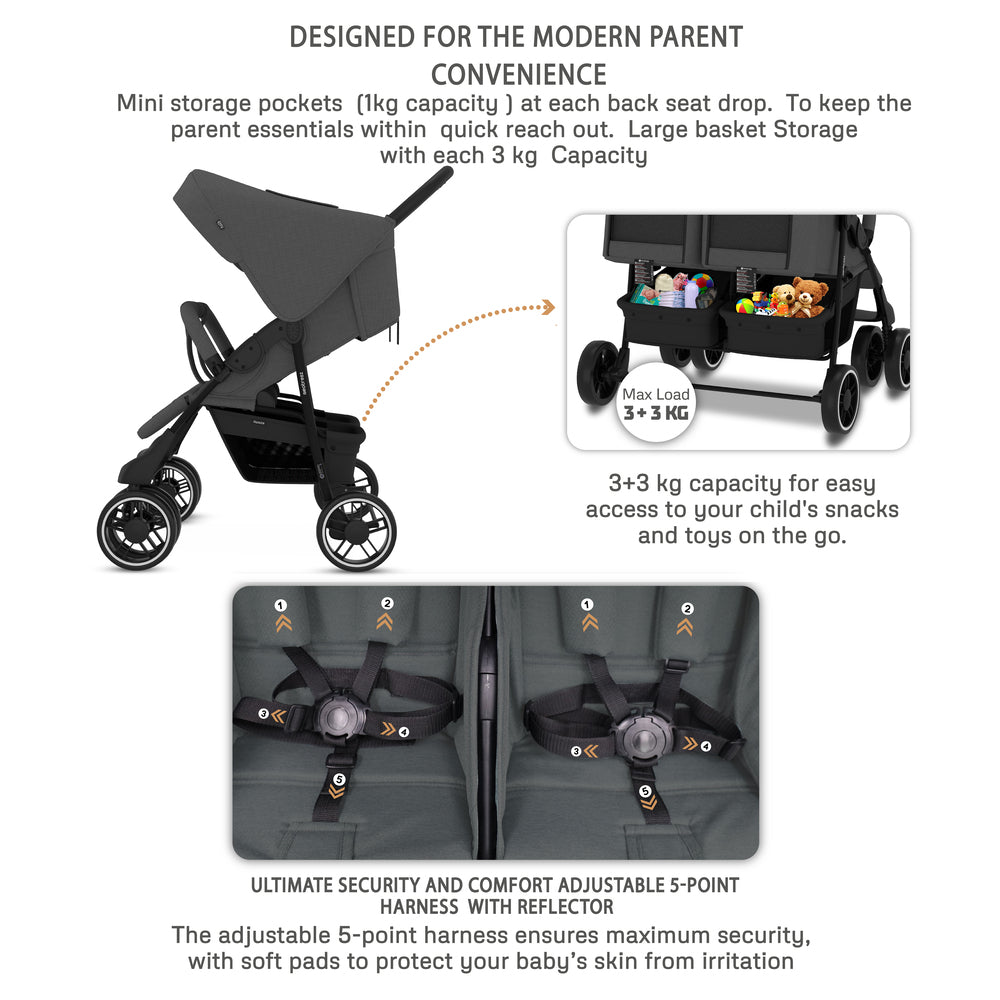Neobreez Duadx Double Compact Twin Stroller Grey