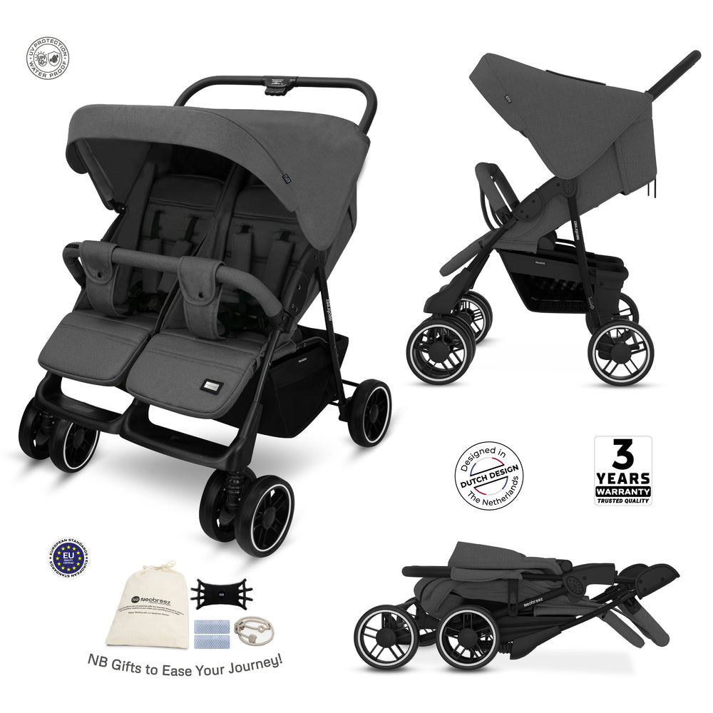 Neobreez Duadx Double Compact Twin Stroller Grey