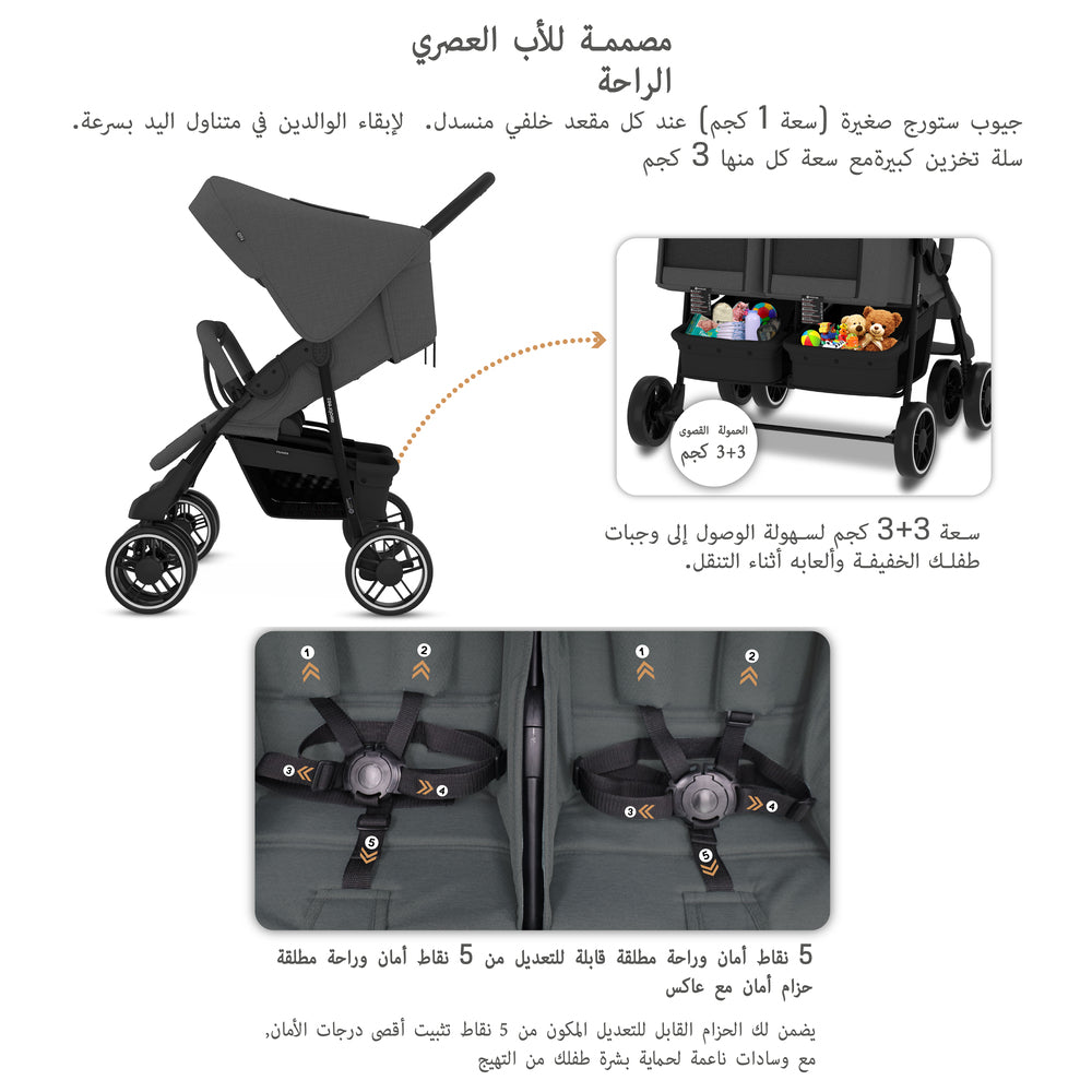 Neobreez Duadx Double Compact Twin Stroller Grey