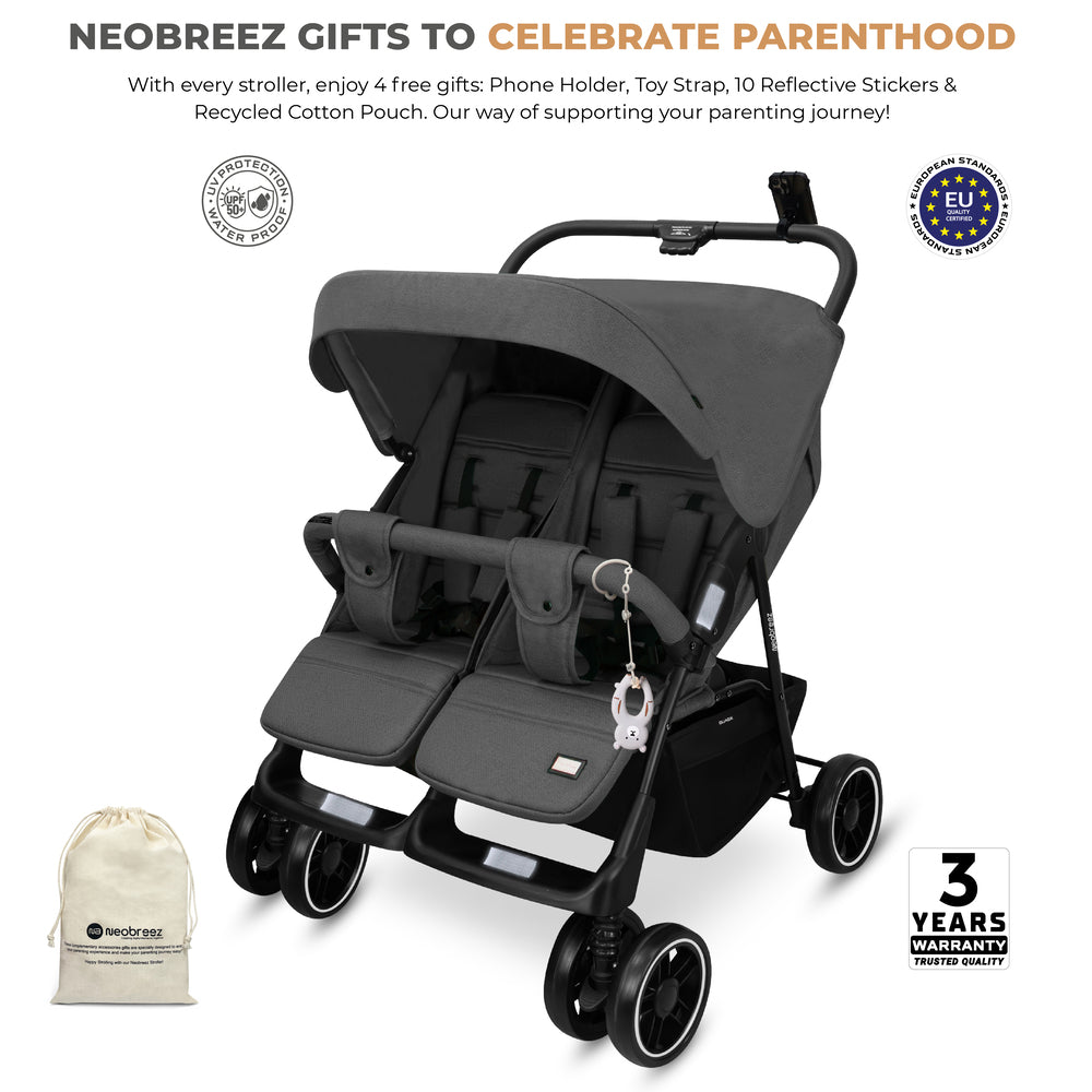 Neobreez Duadx Double Compact Twin Stroller Grey