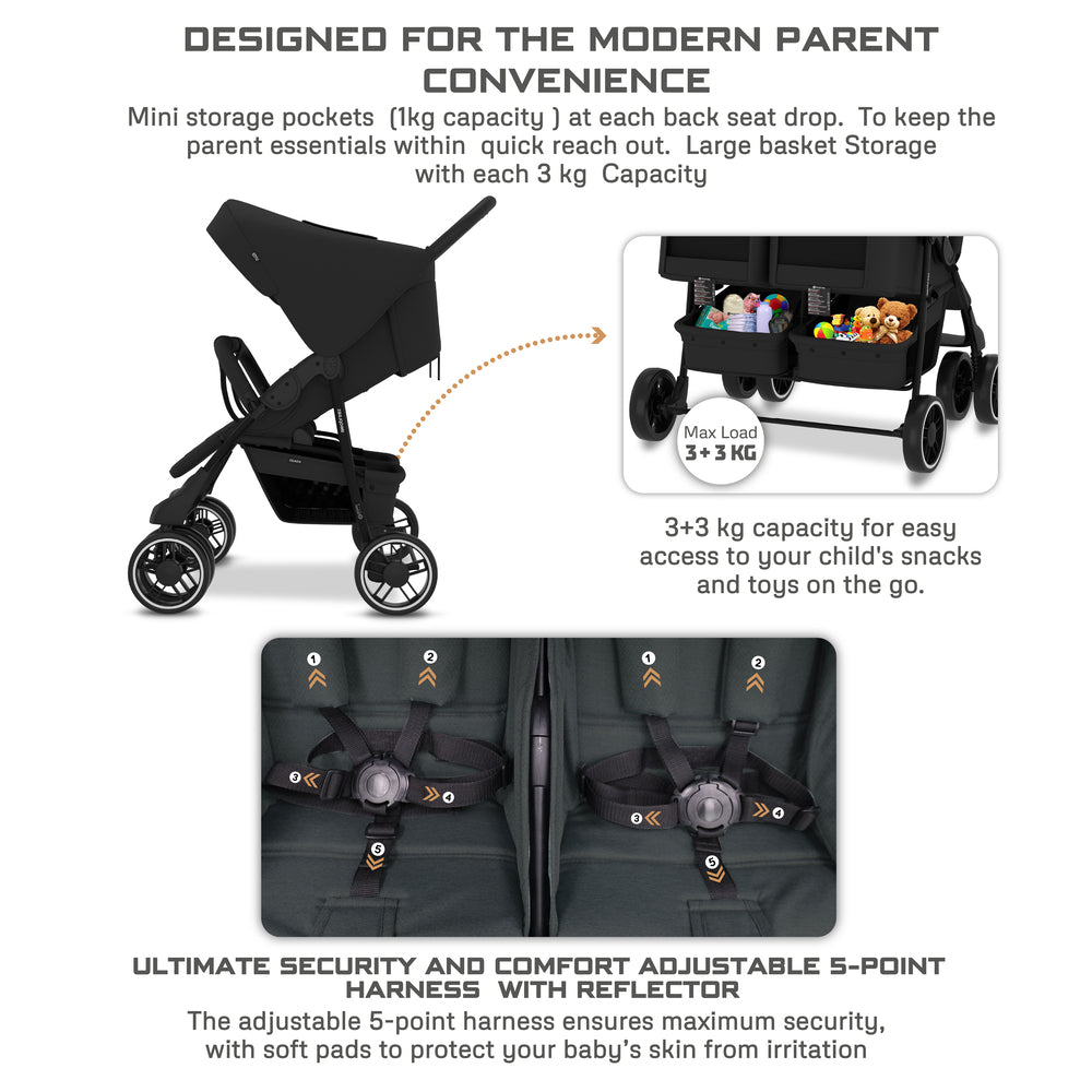 Neobreez Duadx Double Compact Twin Stroller Black