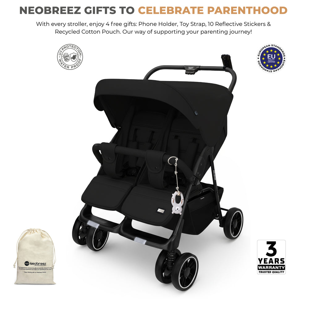 Neobreez Duadx Double Compact Twin Stroller Black