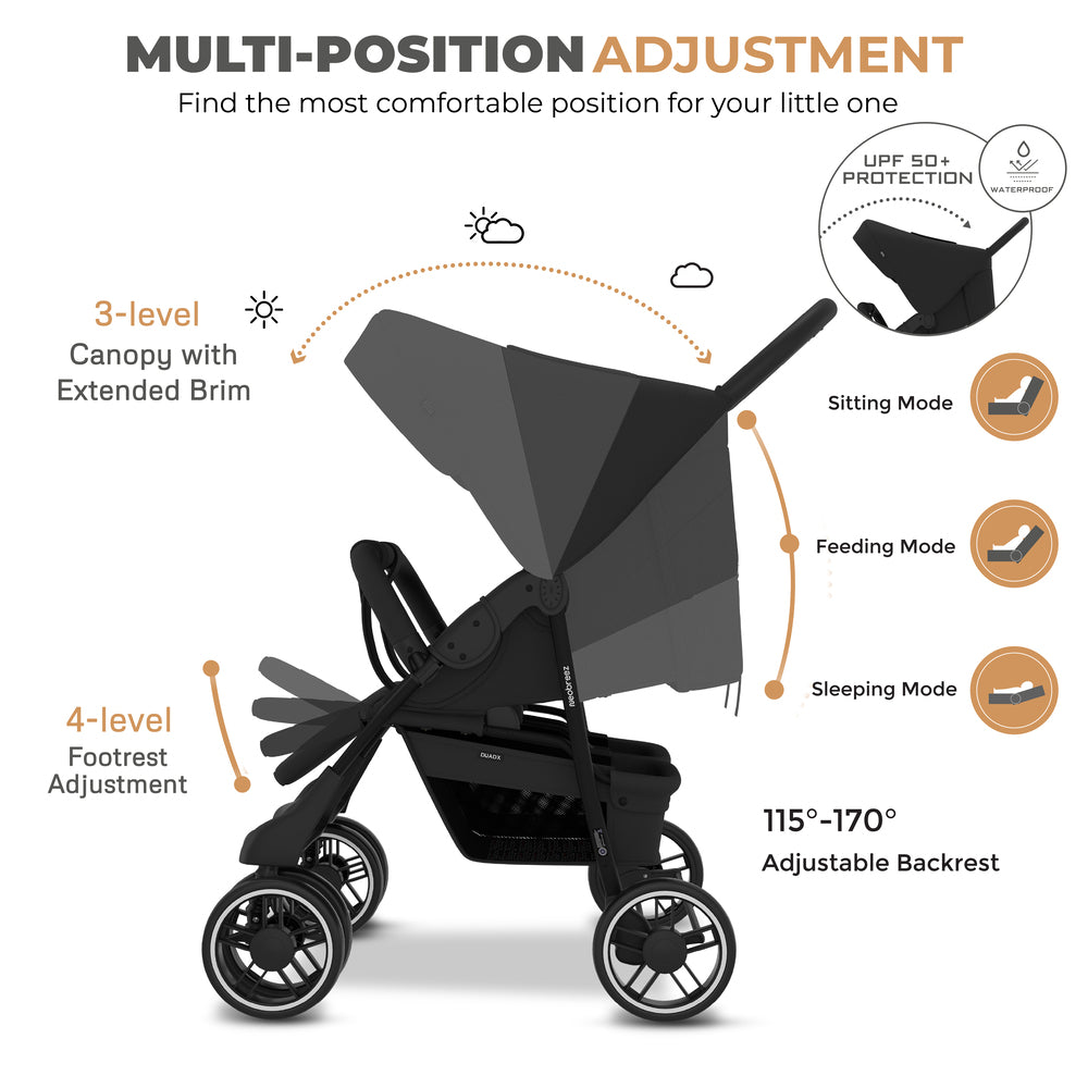 Neobreez Duadx Double Compact Twin Stroller Black