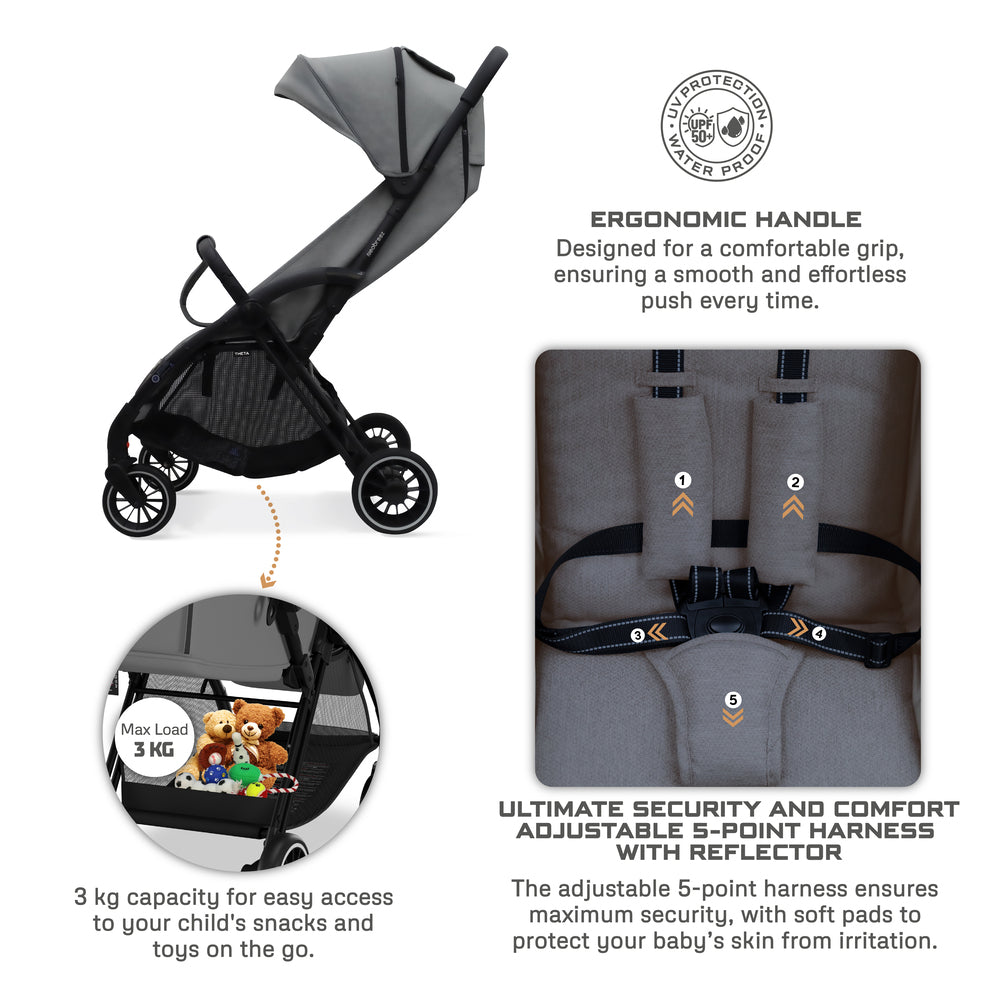 Neobreez Theta Auto Fold Compact Lightweight Travel Stroller Grey