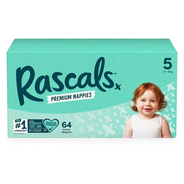 Rascals Premium Baby Diapers Jumbo Box - Size 5 - 13-18kg - 64Pcs