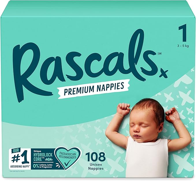 Rascals Premium Baby Diapers Jumbo Box - Size 1 - 3-5kg - 108Pcs