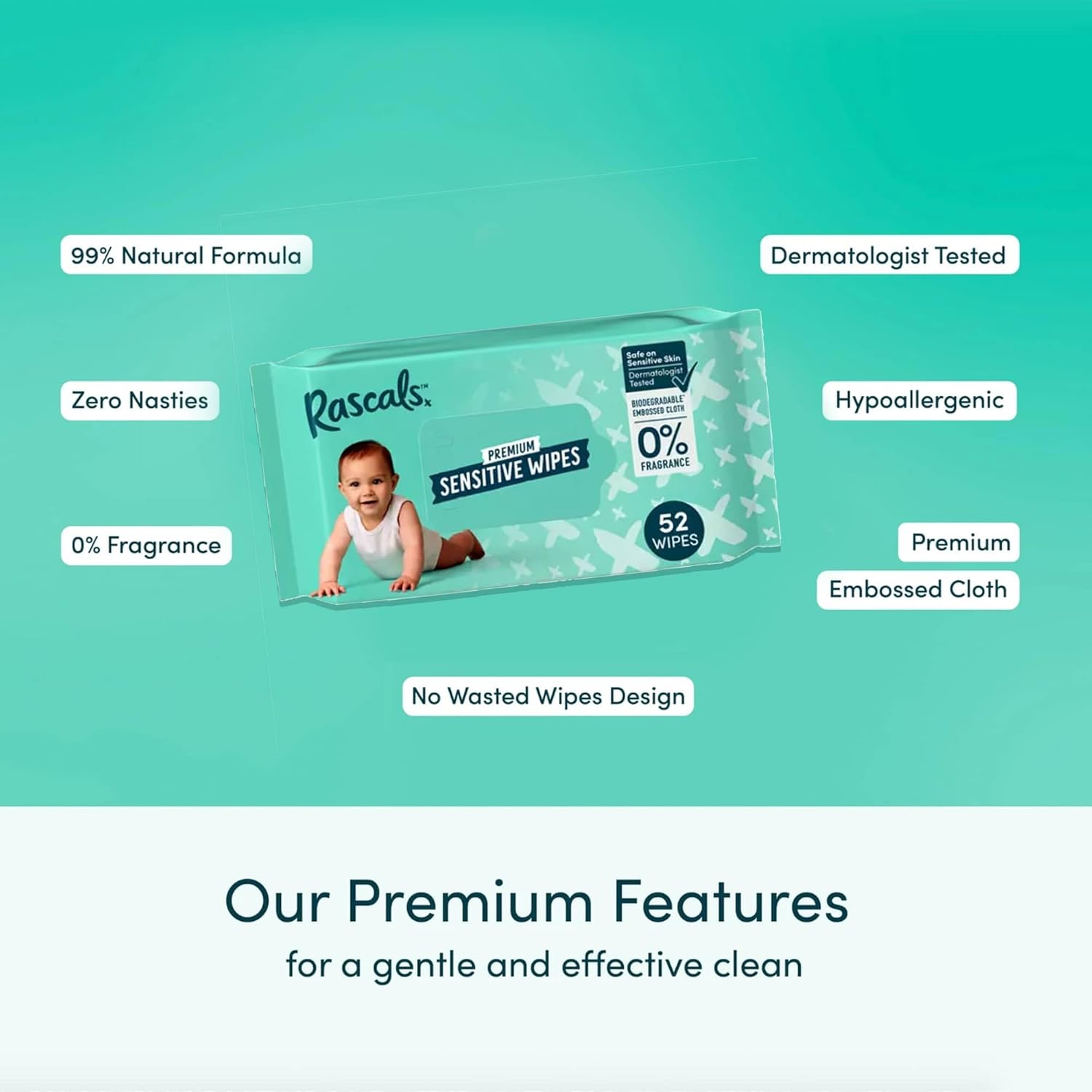 Rascals Premium Baby Sensitive Wipes Pack of 624 (12 x 52)
