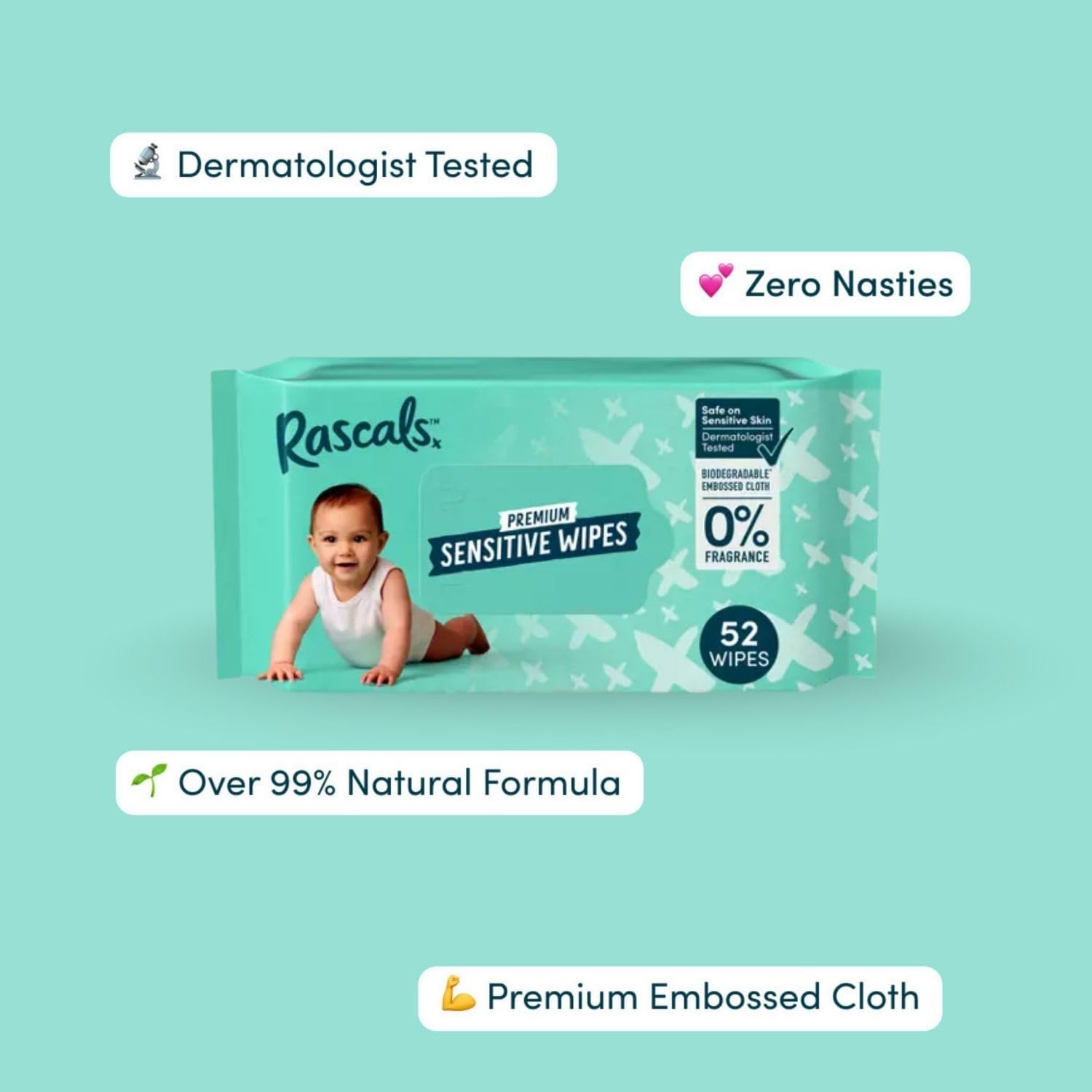 Rascals Premium Baby Sensitive Wipes Pack of 624 (12 x 52)
