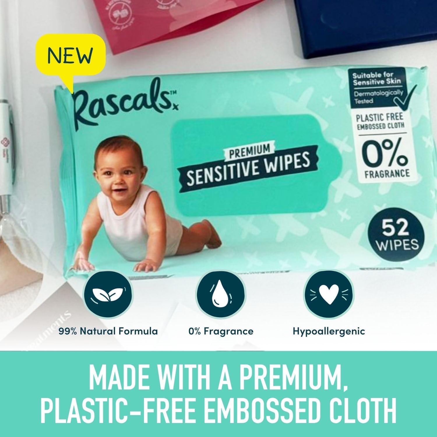 Rascals Premium Baby Sensitive Wipes Pack of 624 (12 x 52)