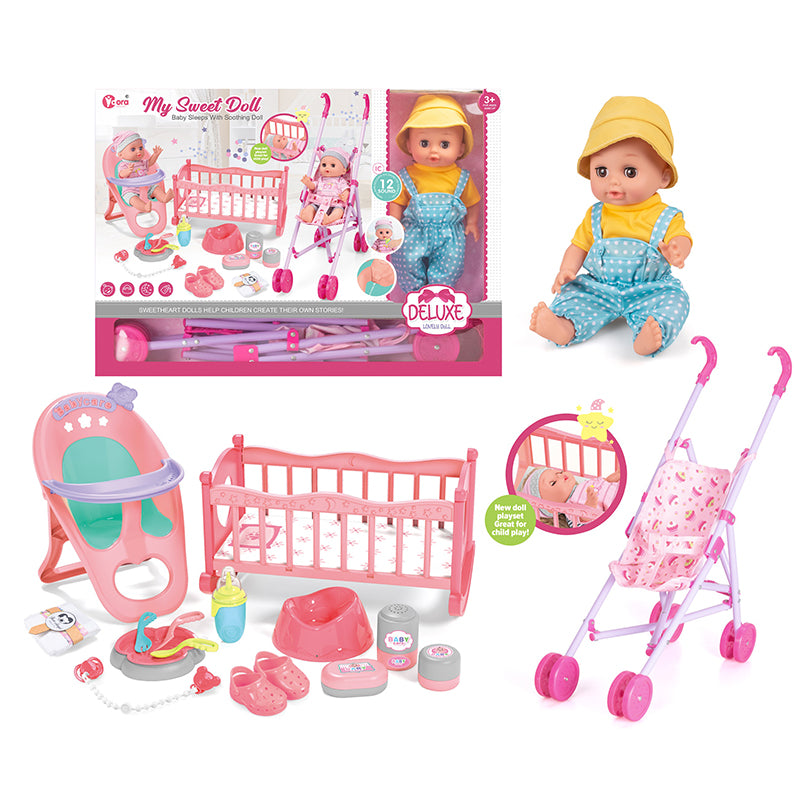 Vdora Dolls 3-In-1 Baby Doll Feeding Playset with Stroller and Cradle-14 Inch