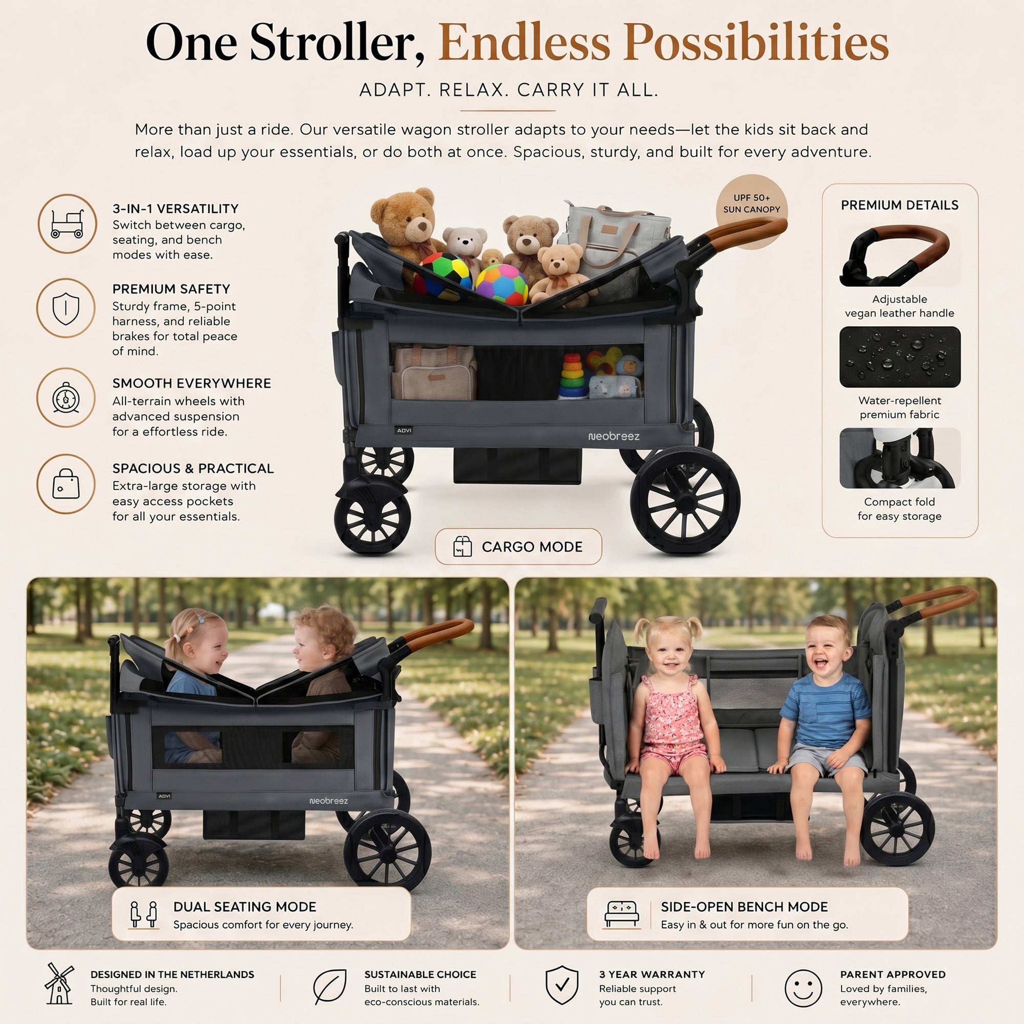 Neobreez Advi Wagon Cargo Push And Pull Foldable Double Stroller Dark Grey