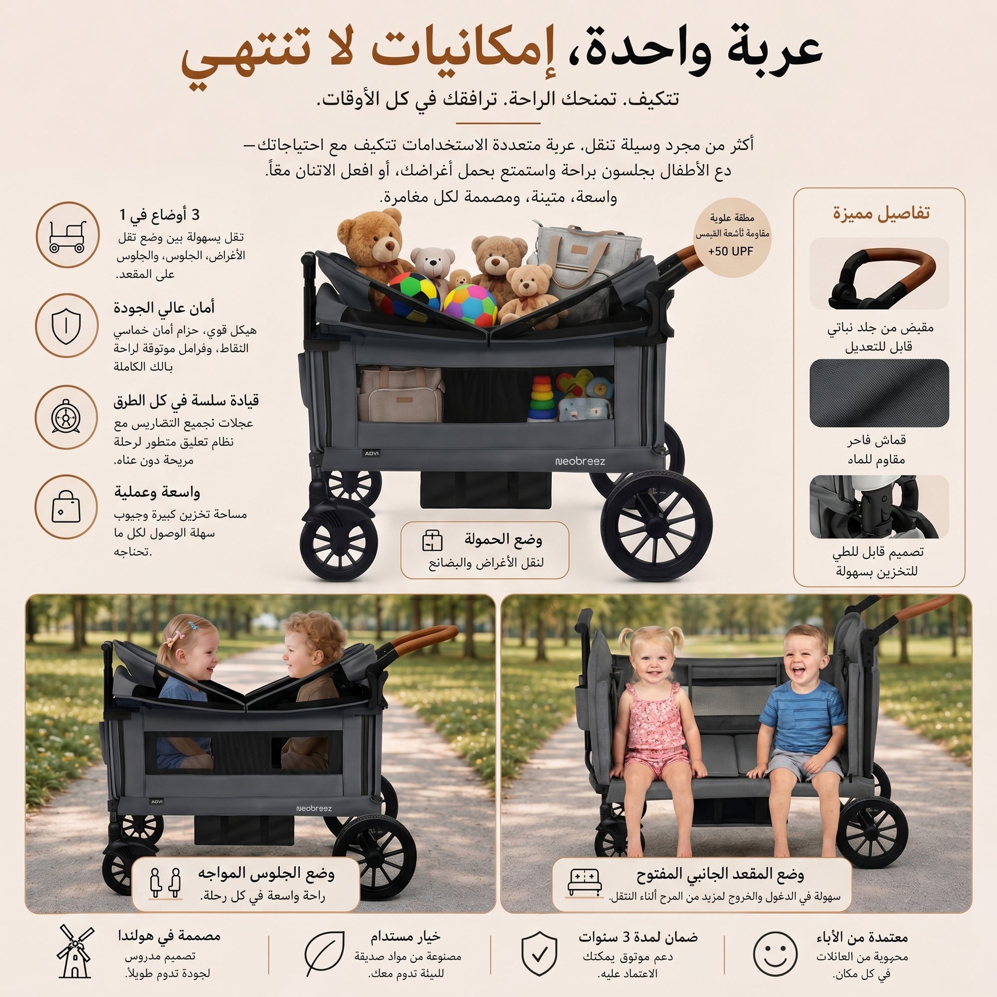 Neobreez Advi Wagon Cargo Push And Pull Foldable Double Stroller Dark Grey