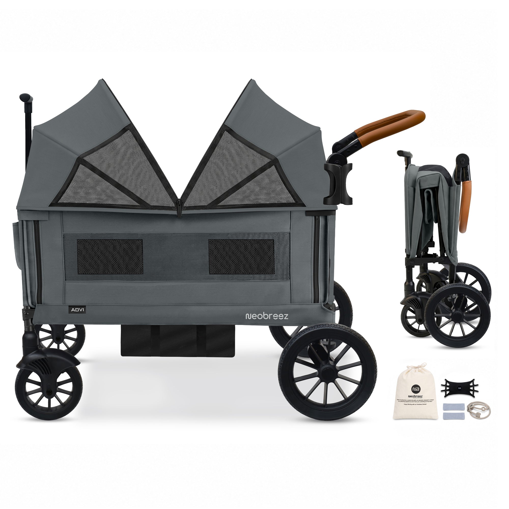 Neobreez Advi Wagon Cargo Push And Pull Foldable Double Stroller Dark Grey