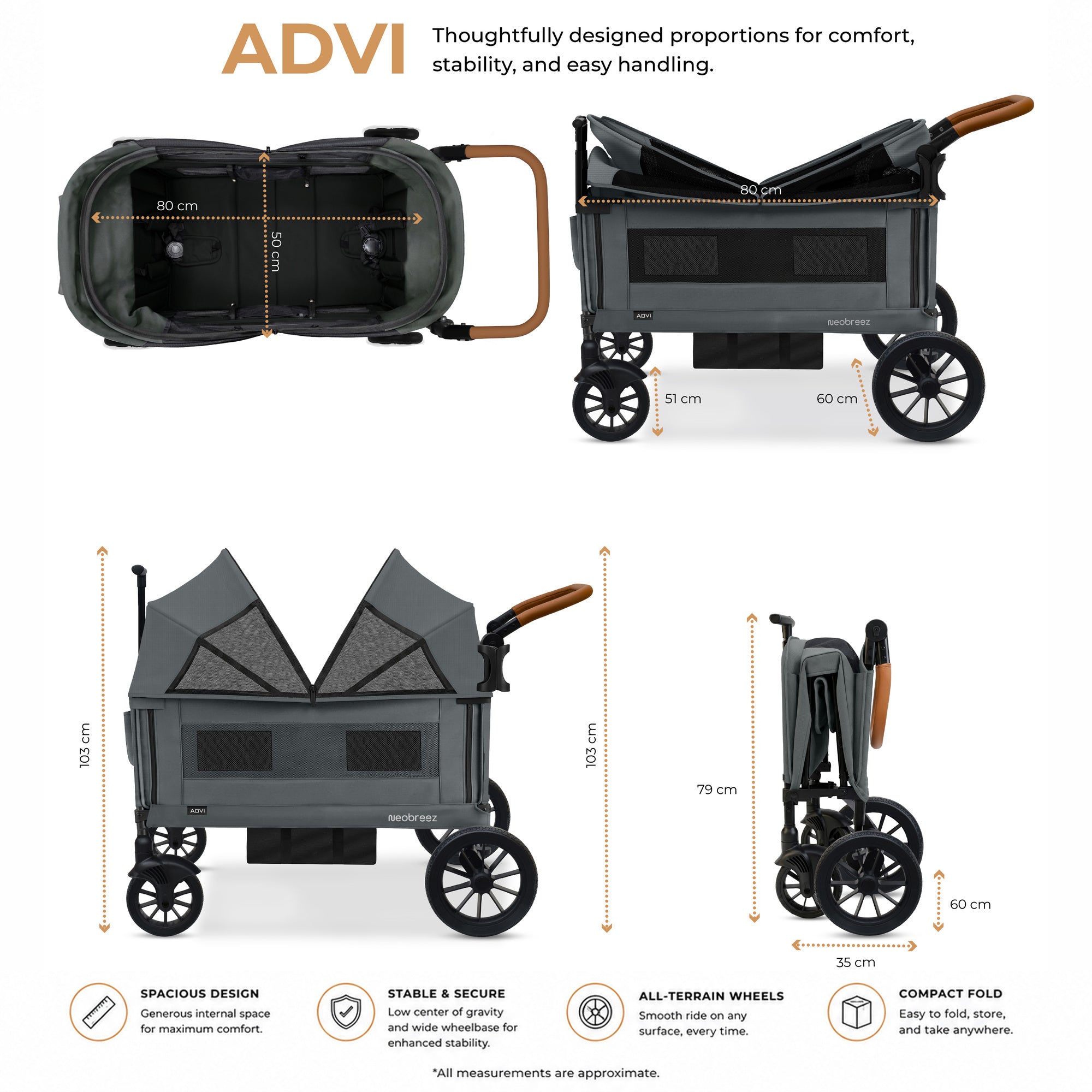 Neobreez Advi Wagon Cargo Push And Pull Foldable Double Stroller Dark Grey