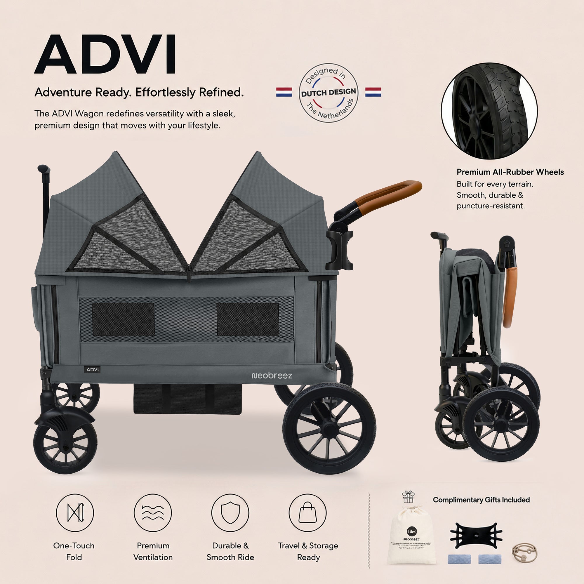 Neobreez Advi Wagon Cargo Push And Pull Foldable Double Stroller Dark Grey