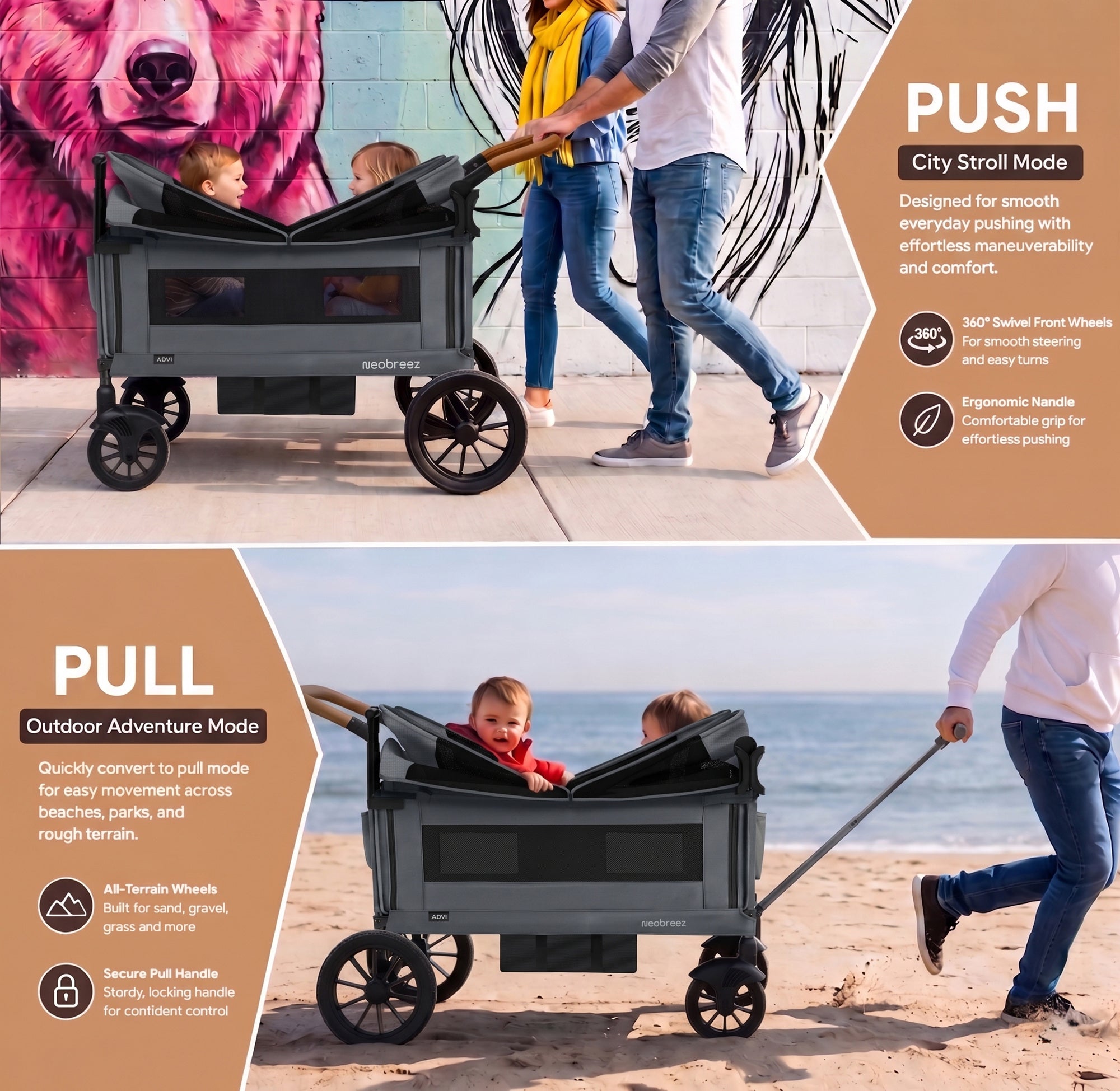 Neobreez Advi Wagon Cargo Push And Pull Foldable Double Stroller Dark Grey