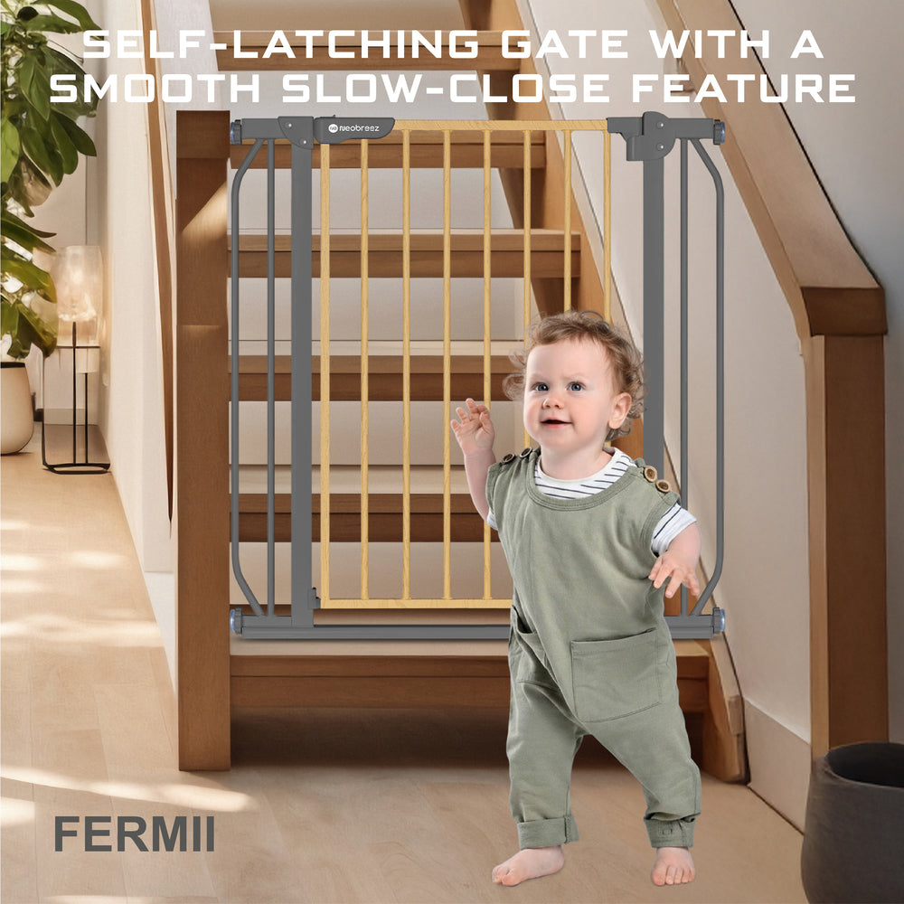 Neobreez Fermii Auto Close Baby Gate No Drill Stair Barrier 75-110Cm Grey