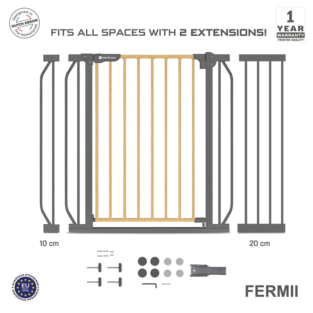 Neobreez Fermii Auto Close Baby Gate No Drill Stair Barrier 75-110Cm Grey