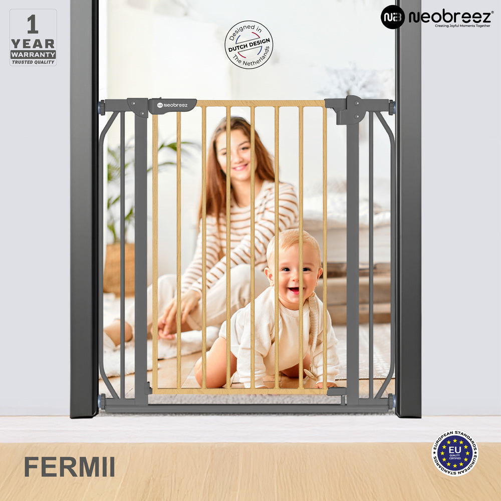 Neobreez Fermii Auto Close Baby Gate No Drill Stair Barrier 75-110Cm Grey