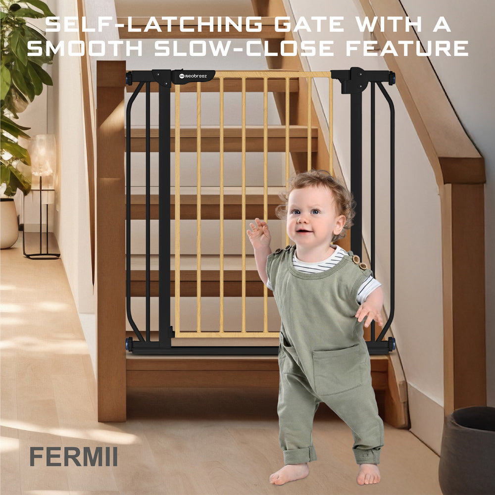 Neobreez Fermii Auto Close Baby Gate No Drill Stair Barrier 75-110Cm Black