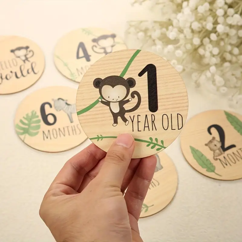 Wooden Baby Monthly Double Sided Milestone Cards With Animal Prints Yalla Gifting Yallatoys
