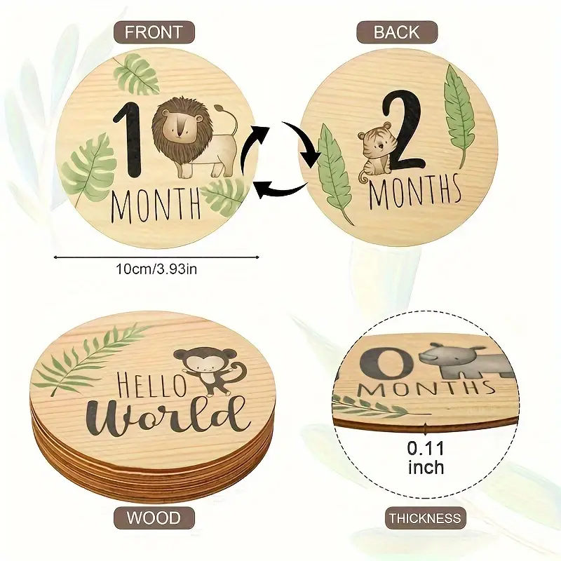 Wooden Baby Monthly Double Sided Milestone Cards With Animal Prints Yalla Gifting Yallatoys