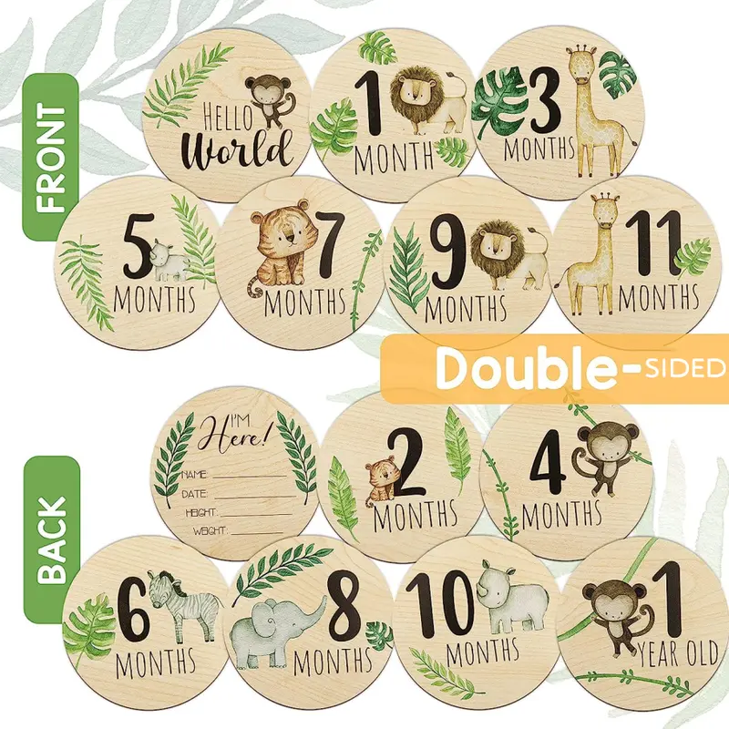 Wooden Baby Monthly Double Sided Milestone Cards With Animal Prints Yalla Gifting Yallatoys