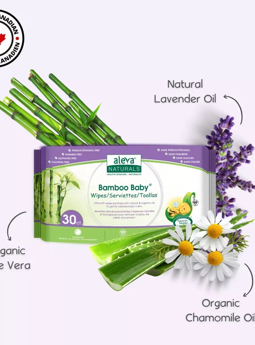 مناديل الأطفال المصنوعة من الخيزران من Aleva Naturals بحجم السفر 30 قطعة