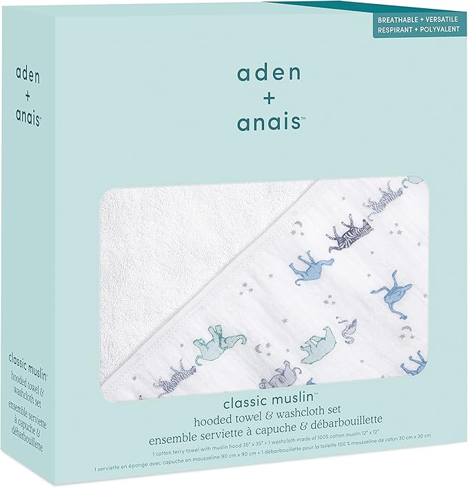 Aden + Anais Classic Muslin Hooded Towel & Washcloth Set Stars aden + anais Yallatoys