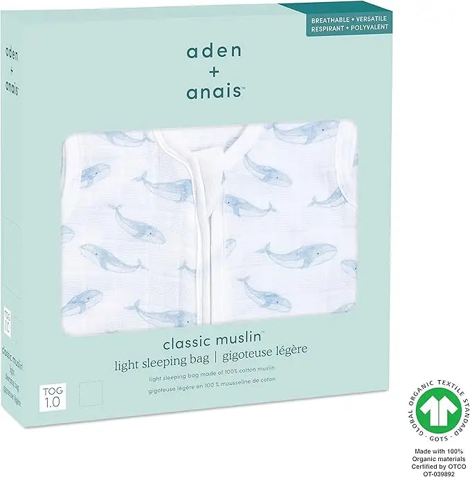 Aden + Anais Cotton 1.0 Tog Light Sleeping Bag Oceanic Blue Whale aden + anais