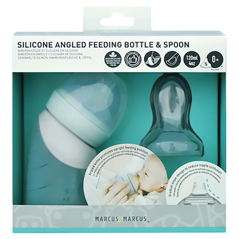 Marcus N Marcus  Silicone Angled Feeding Bottle And Spoon Set  Mint Marcus & Marcus Yallatoys