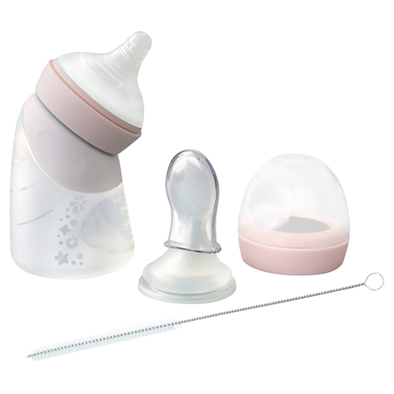 Marcus N Marcus  Silicone Angled Feeding Bottle And Spoon Set  Peach Marcus & Marcus Yallatoys