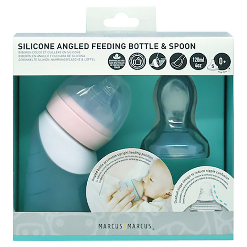 Marcus N Marcus  Silicone Angled Feeding Bottle And Spoon Set  Peach Marcus & Marcus Yallatoys