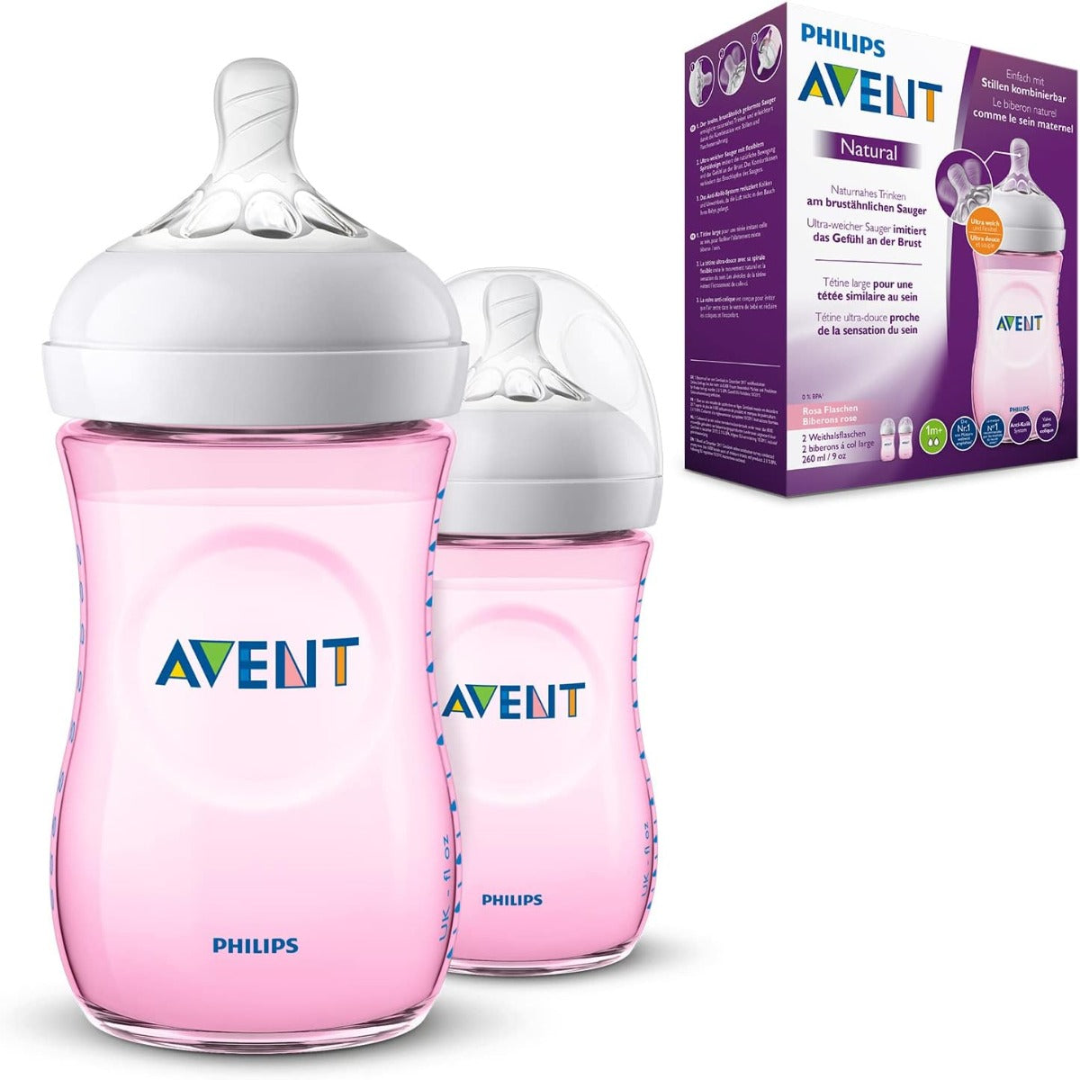 Avent Natural Feeding Plastic Bottle 2pcs Set 260ml Pink Philips Avent Yallatoys