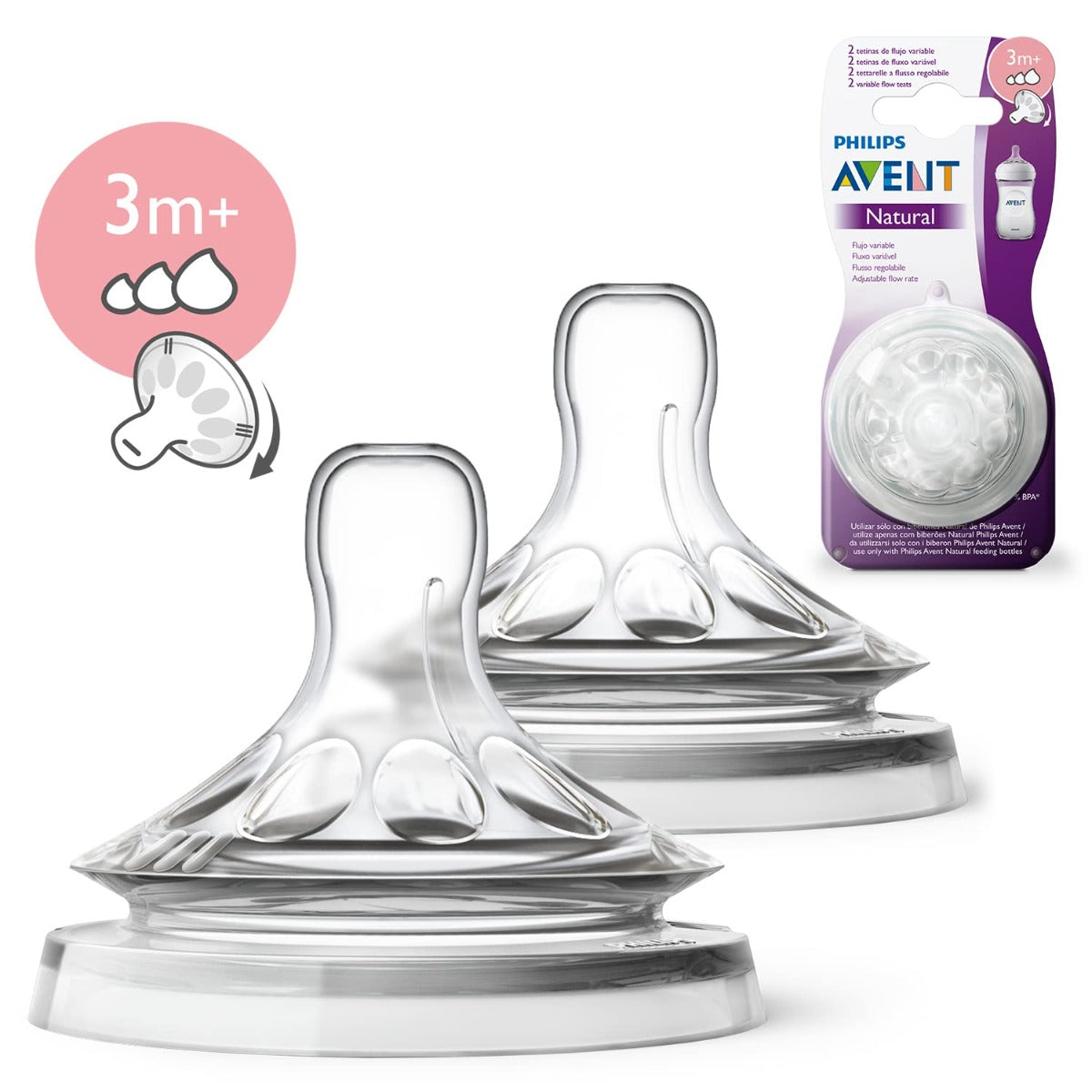 Avent Natural Nipple Teat Variable Flow for 3 Months+ 2pcs Pack Philips Avent Yallatoys