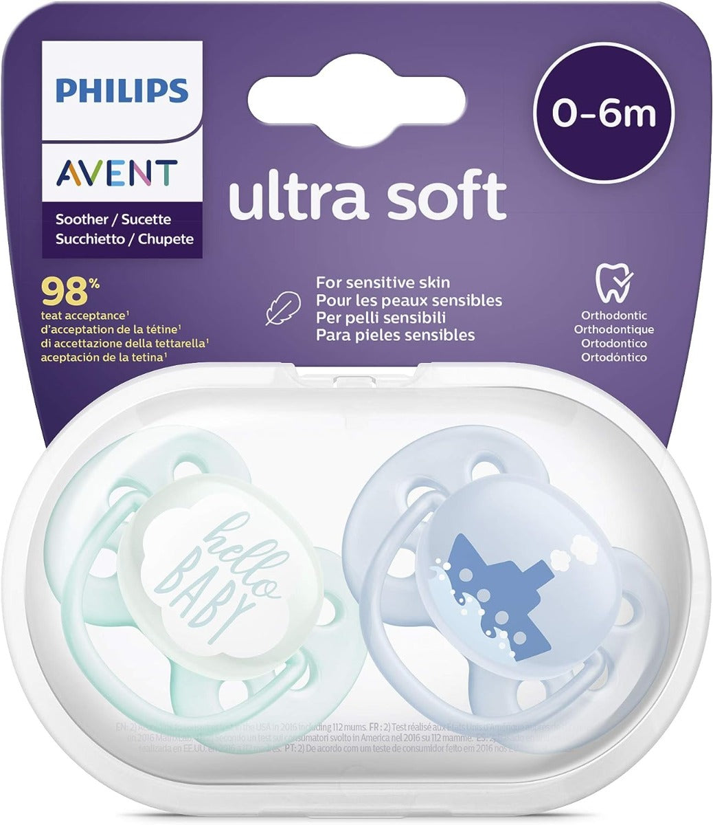 Avent Ultra Soft Pacifier Soother New Born to 6 Months 2pcs Pack Blue Philips Avent Yallatoys