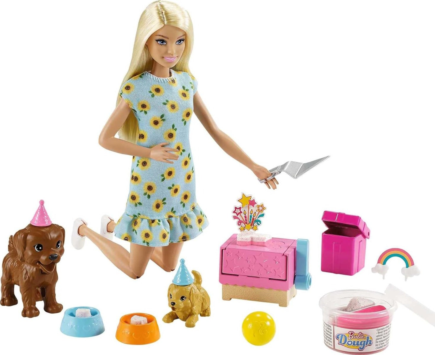 Buy Barbie Puppy Party Doll and Playset Blonde Doll with Sunflower Dress 2 Pet Puppies Cake Mold Dough and Accessories | Yallatoys.com