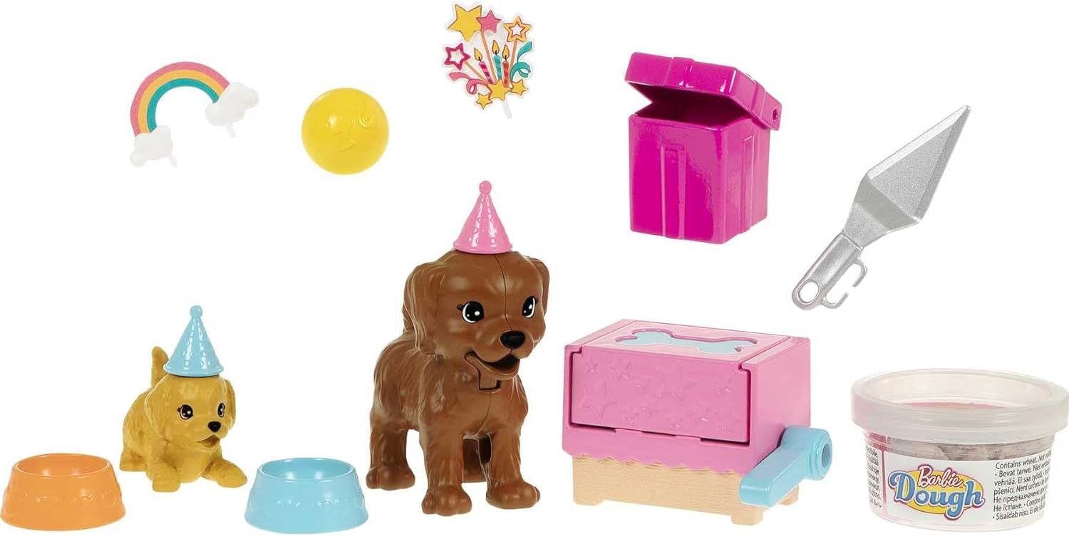 Buy Barbie Puppy Party Doll and Playset Blonde Doll with Sunflower Dress 2 Pet Puppies Cake Mold Dough and Accessories | Yallatoys.com