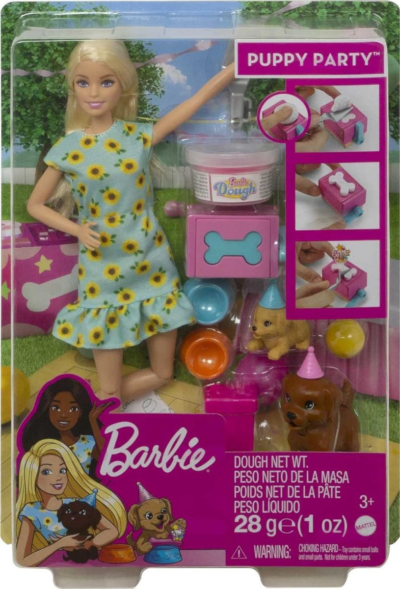 Buy Barbie Puppy Party Doll and Playset Blonde Doll with Sunflower Dress 2 Pet Puppies Cake Mold Dough and Accessories | Yallatoys.com